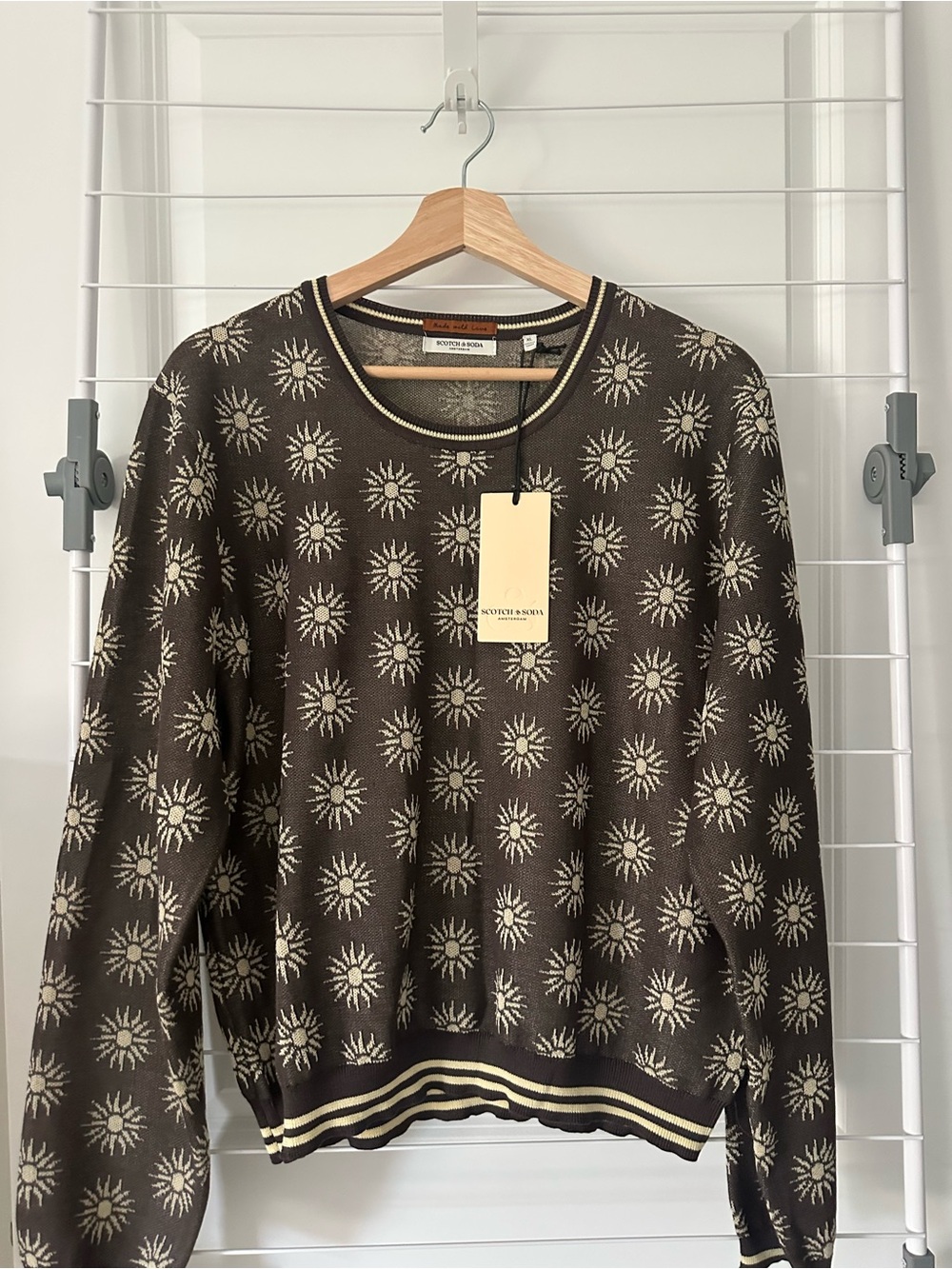 Scotch & Soda Brown Crewneck Sweater with Cream Sunburst Motif